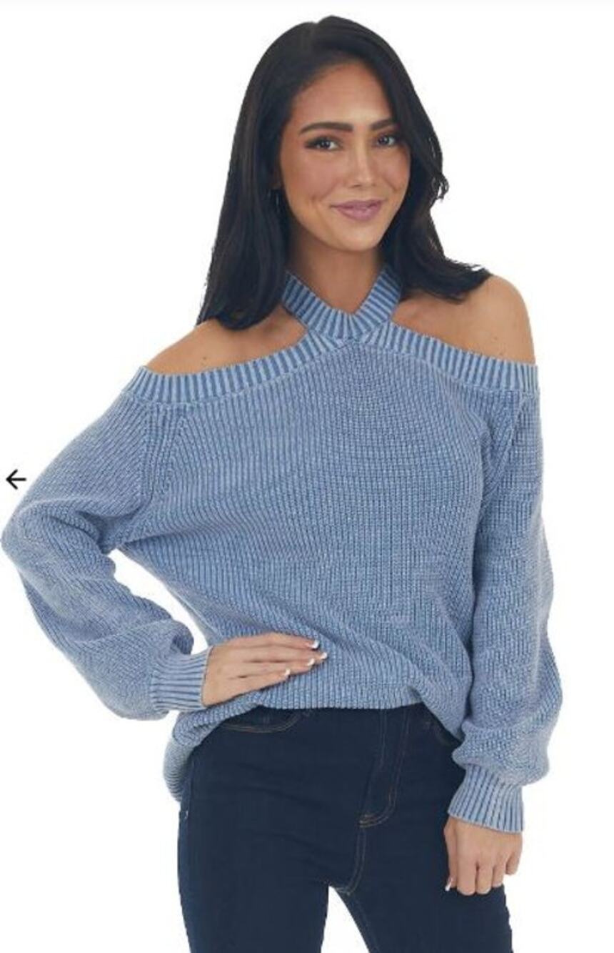 SALE Vici Hazy Blue Washed Cold Shoulder Knit Sweater Size Medium